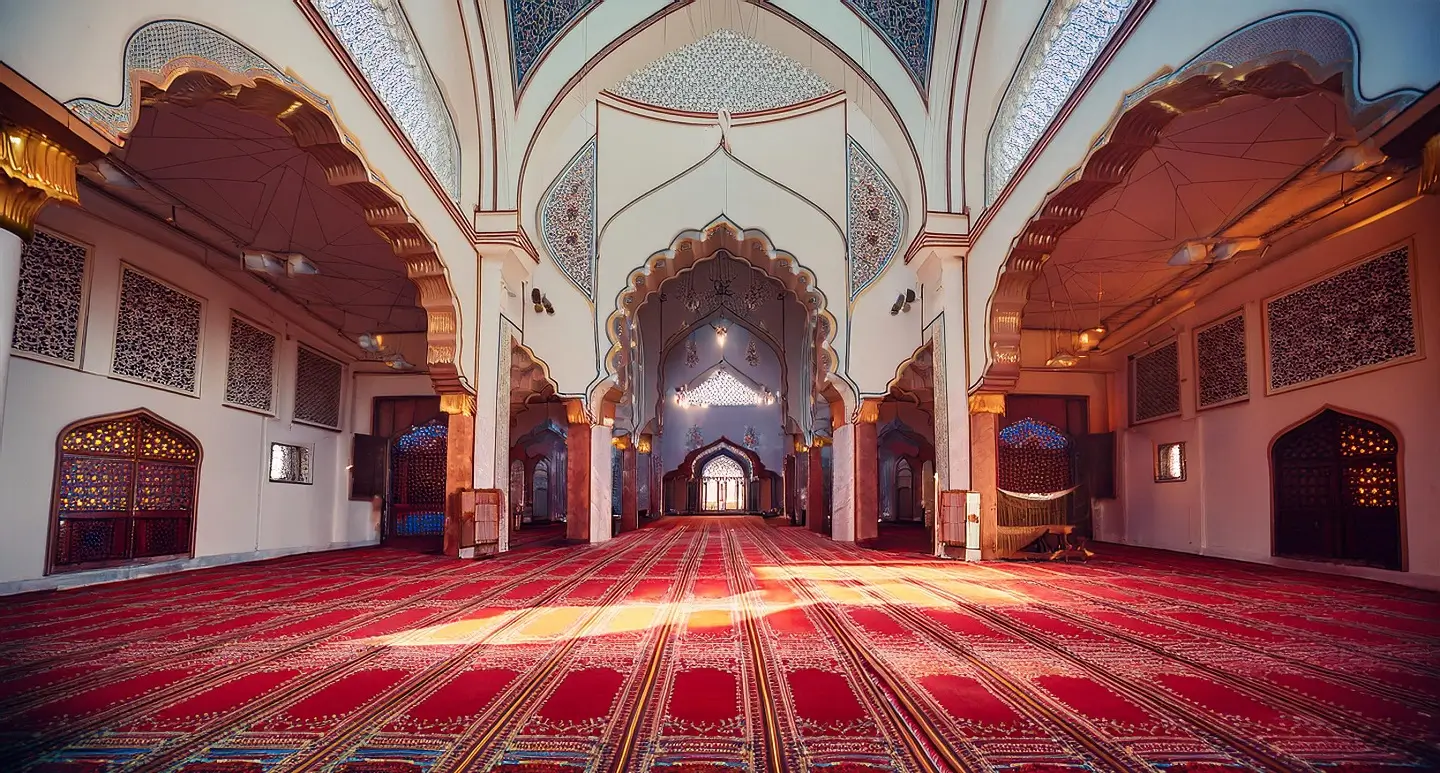 a large room with red carpet and arches